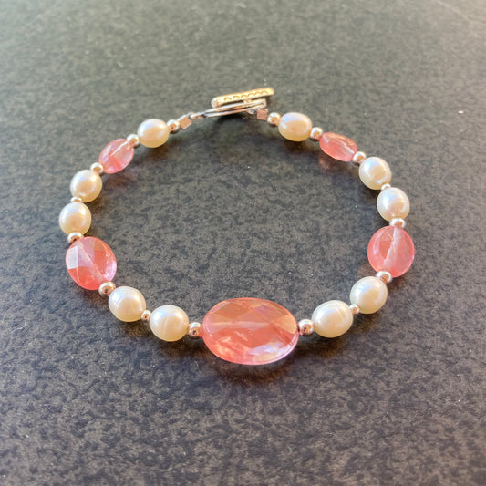 Cherry Quartz, Pearl & Sterling Silver Bracelet