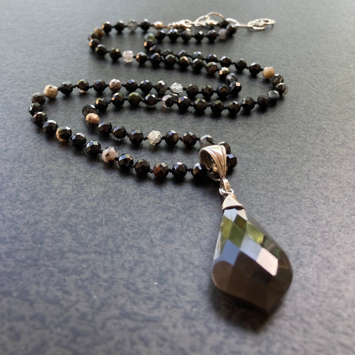 Black Tourmaline Hand Knotted Silk Necklace With Black Onyx Pendant