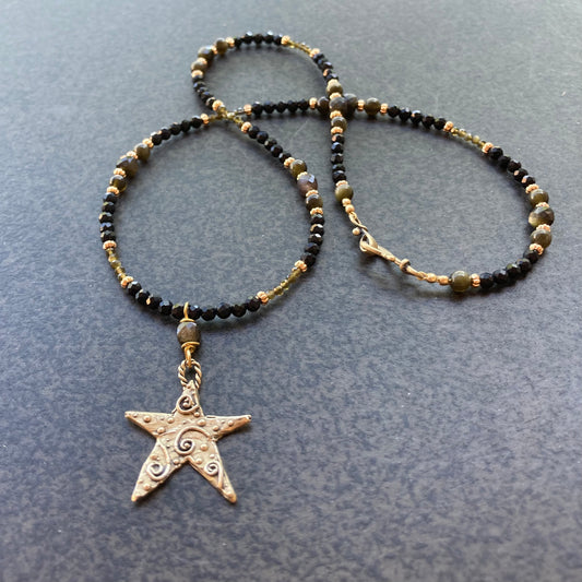 Golden Obsidian, Black Onyx & Bronze Star Necklace