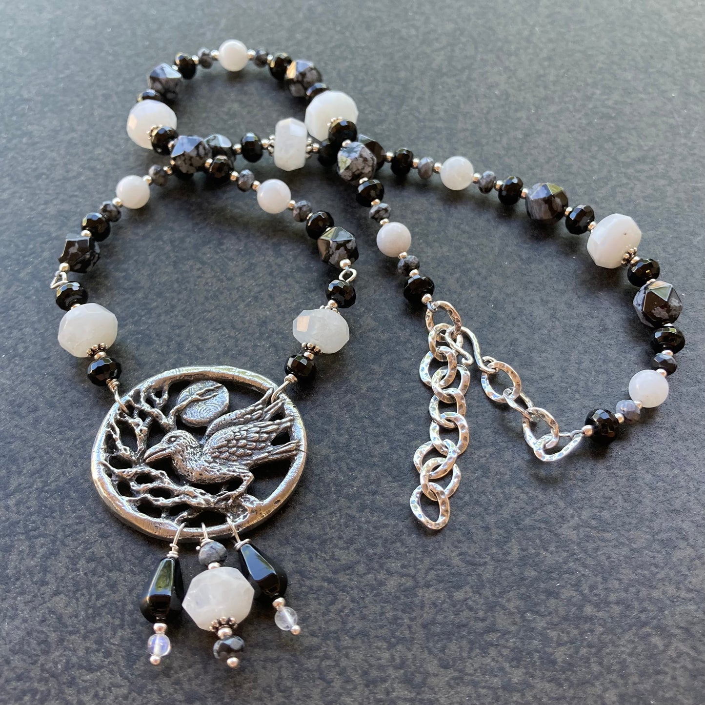 Rainbow Moonstone & Snowflake Obsidian Raven Necklace