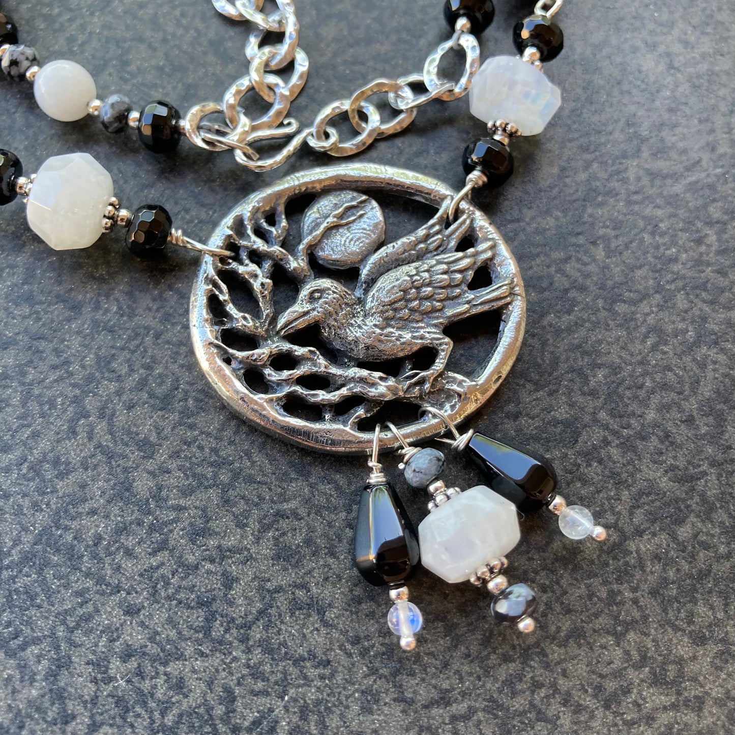 Rainbow Moonstone & Snowflake Obsidian Raven Necklace