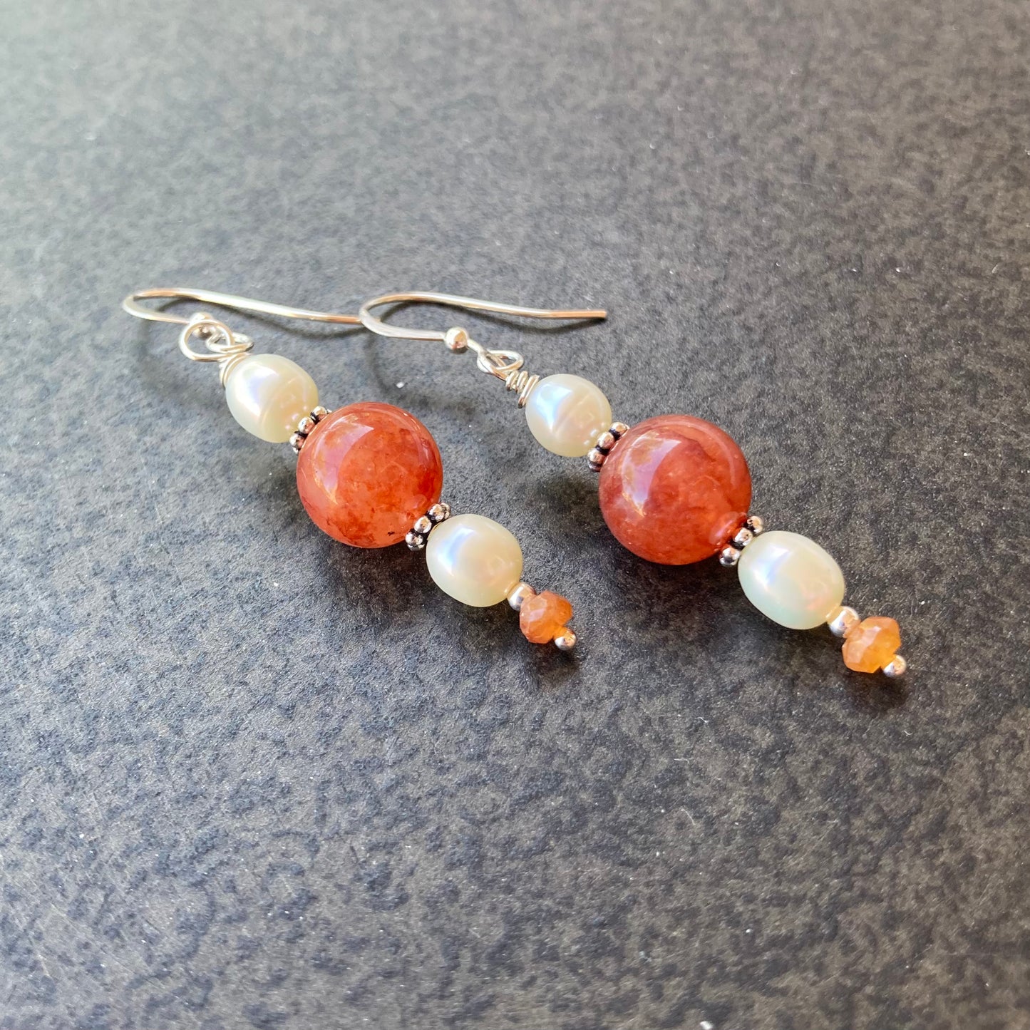 Freshwater Pearl, Hessonite, Copper Rutilated Quartz & Sterling Silver Earrings