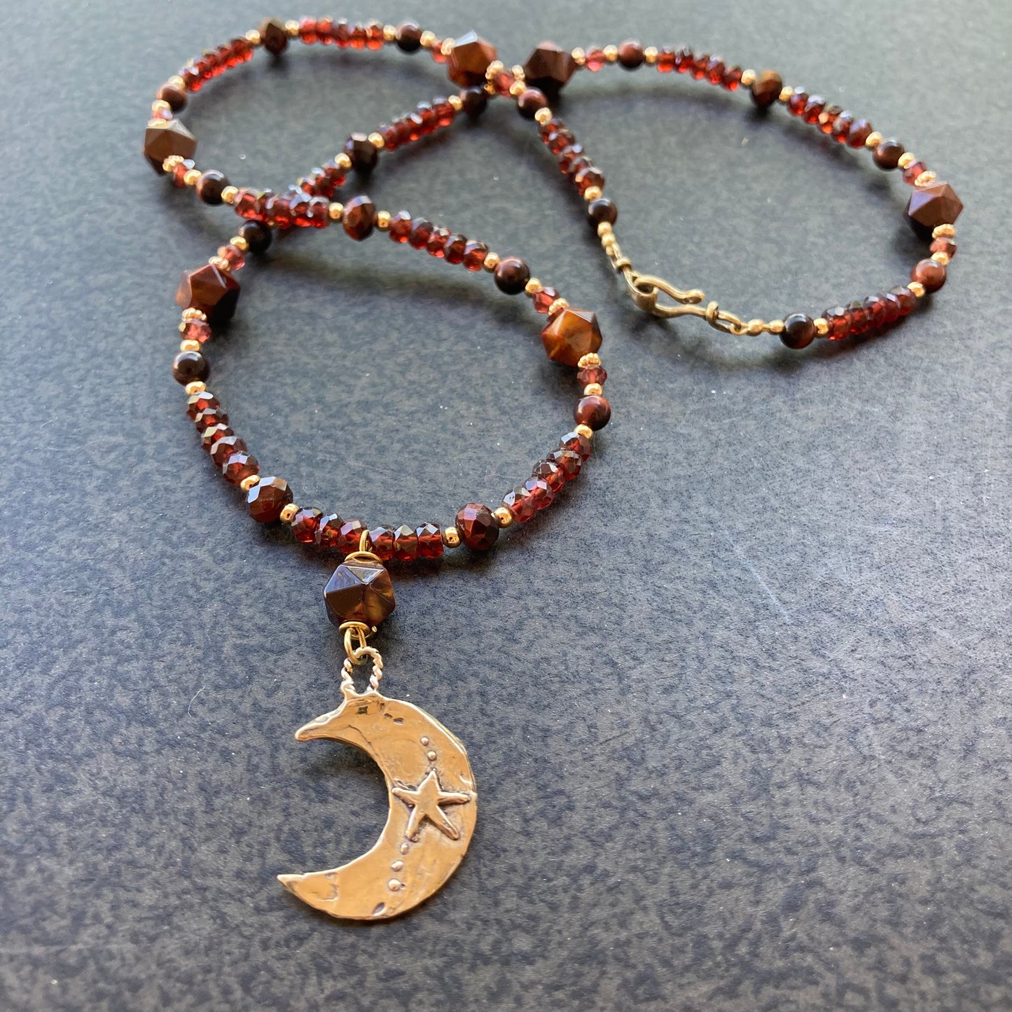 Red Tiger Eye, Garnet & Bronze Crescent Moon Necklace