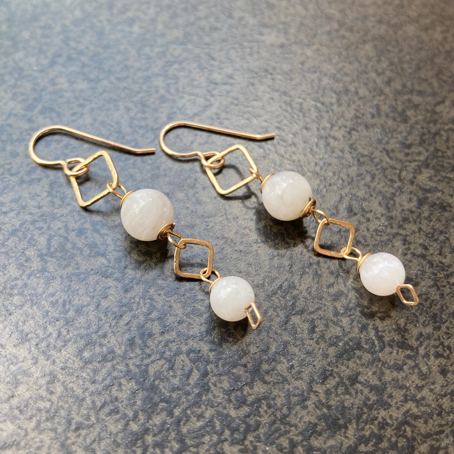 White Moonstone & 14k Gold Square Link Earrings