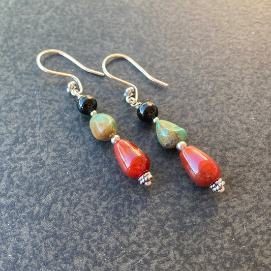 Carnelian, Turquoise & Onyx Earrings