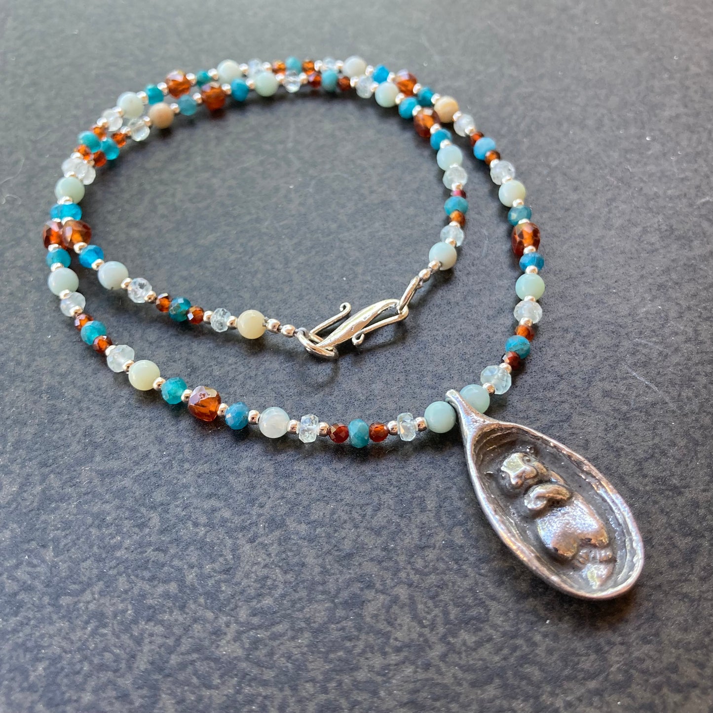 Amazonite, Hessonite & Sterling Silver Otter Necklace