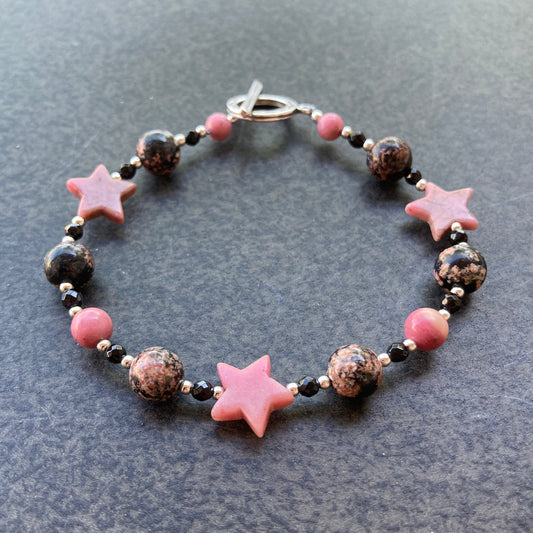 Leopard Skin Jasper, Rhodonite Stars & Sterling Silver Bracelet