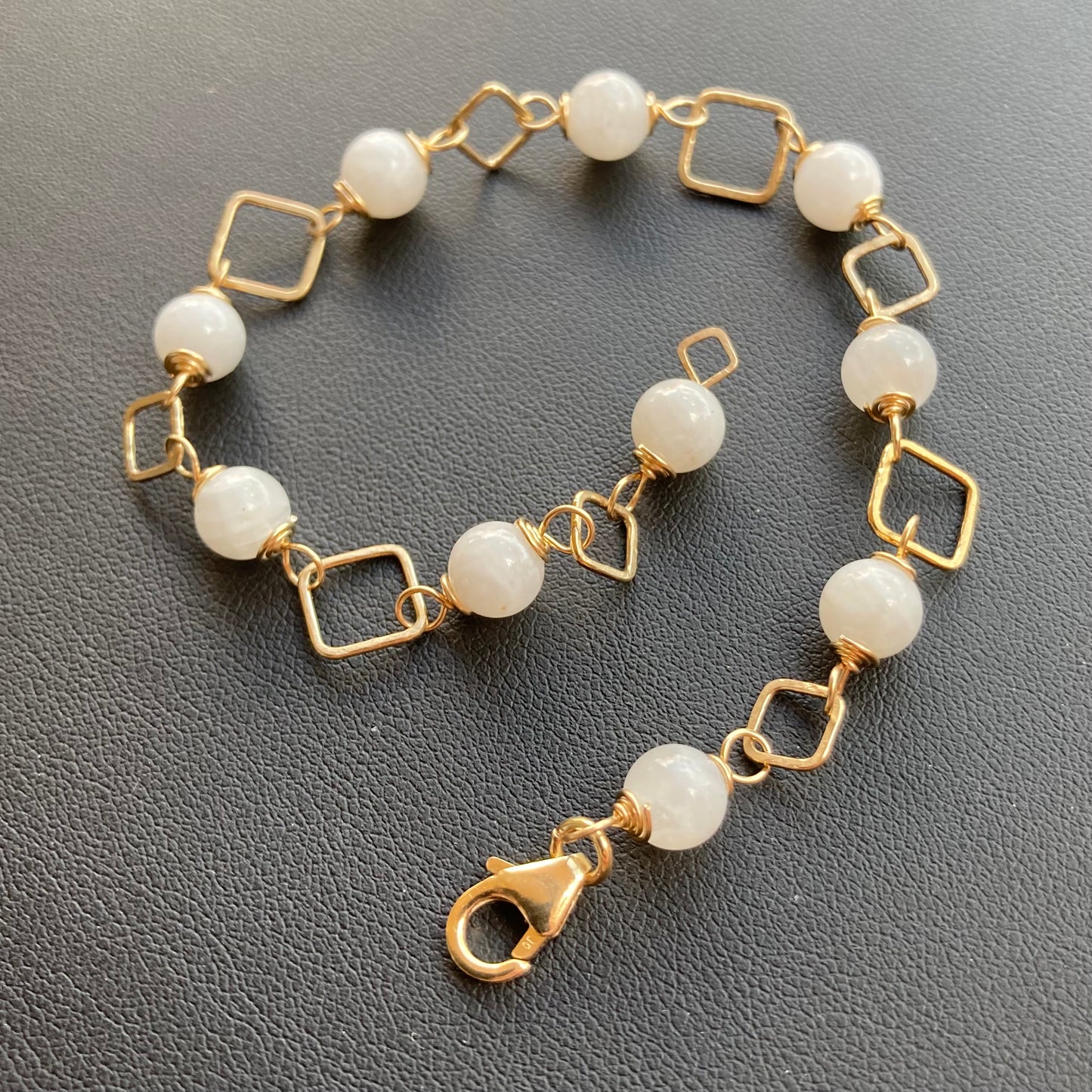 White Moonstone & 14k Gold Square Link Bracelet