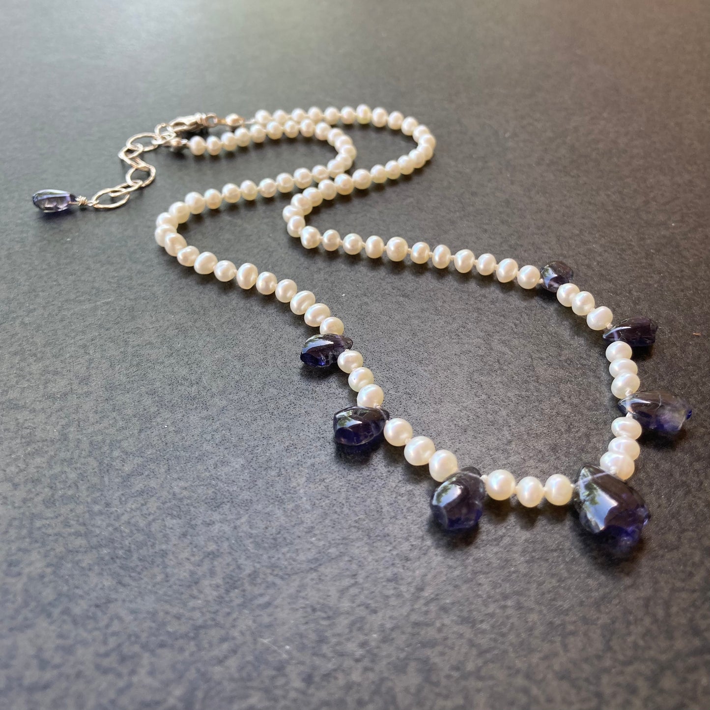 Iolite & Pearl Hand Knotted Silk Necklace