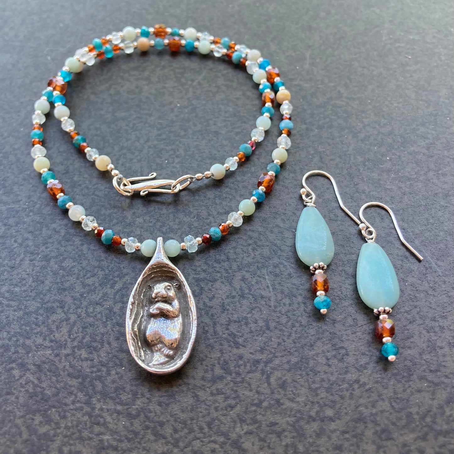 Amazonite, Hessonite & Sterling Silver Otter Necklace