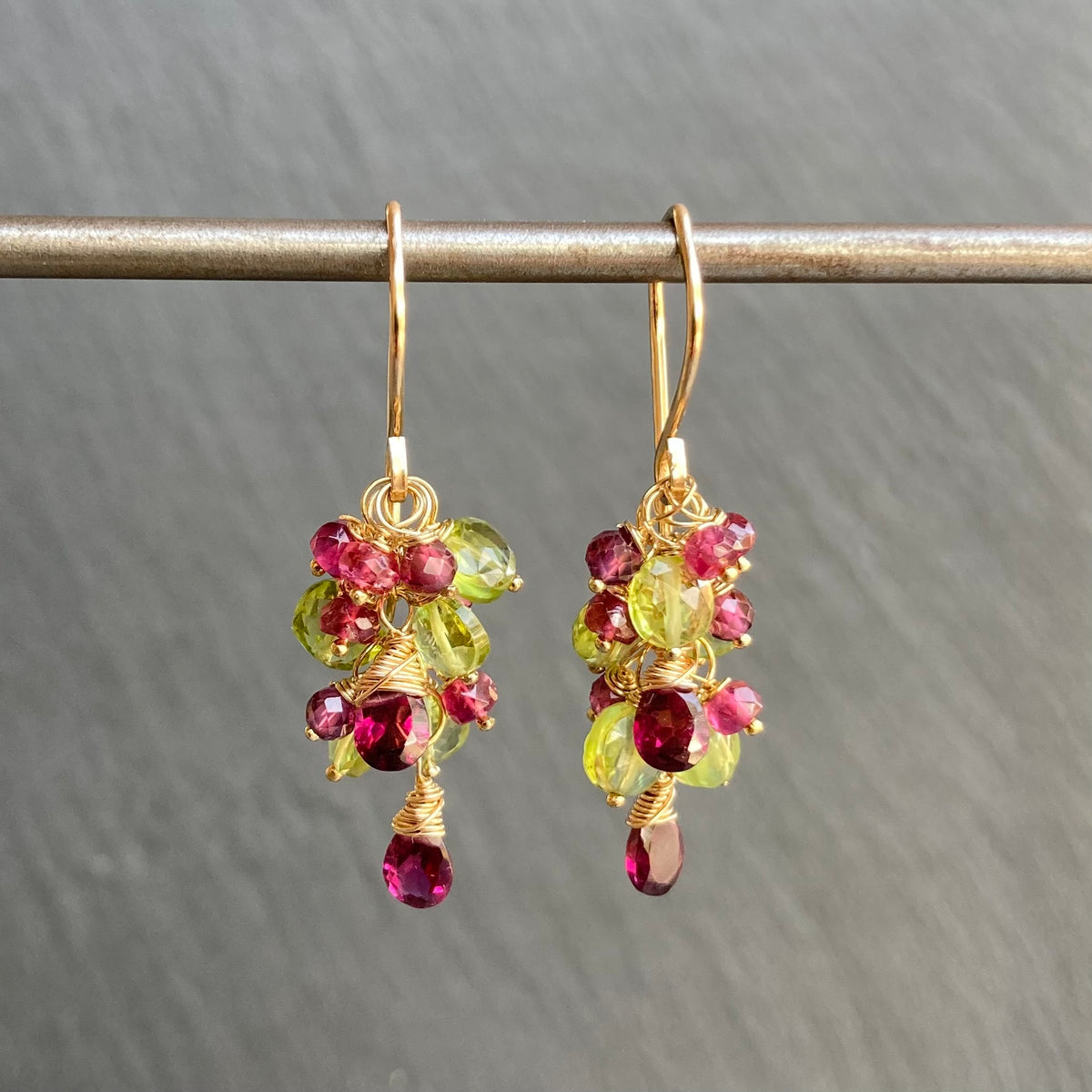 Custom Peridot, Rhodolite, Rubelite & Gold Cascade Earrings