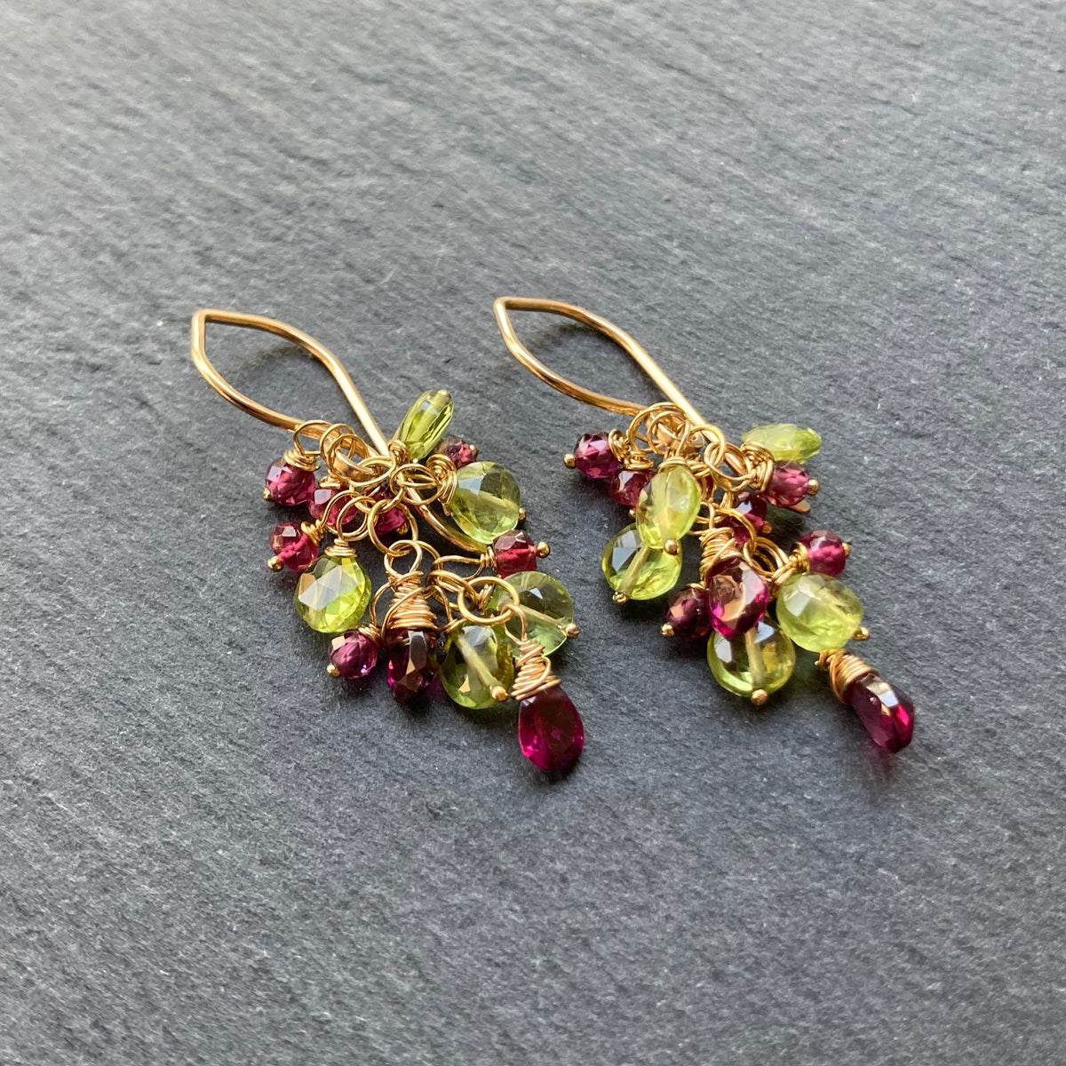 Custom Peridot, Rhodolite, Rubelite & Gold Cascade Earrings