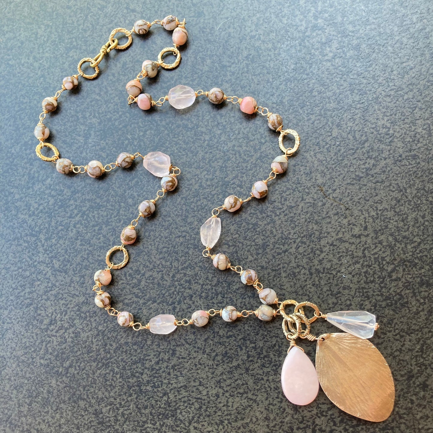 Peruvian Pink Opal, Rose Quartz & Bronze Petal Charm Necklace