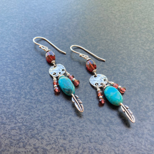 Kingman Turquoise, Mozambique Garnet & Sterling Silver Dreamcatcher Earrings