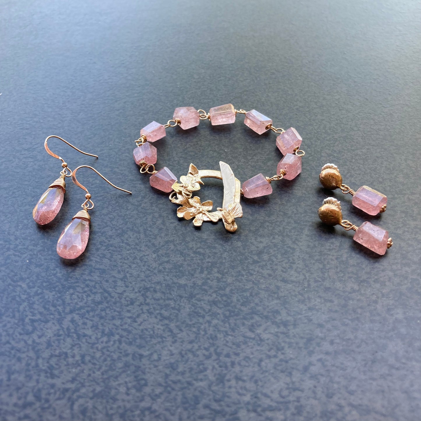 Strawberry Quartz & Bronze Earrings
