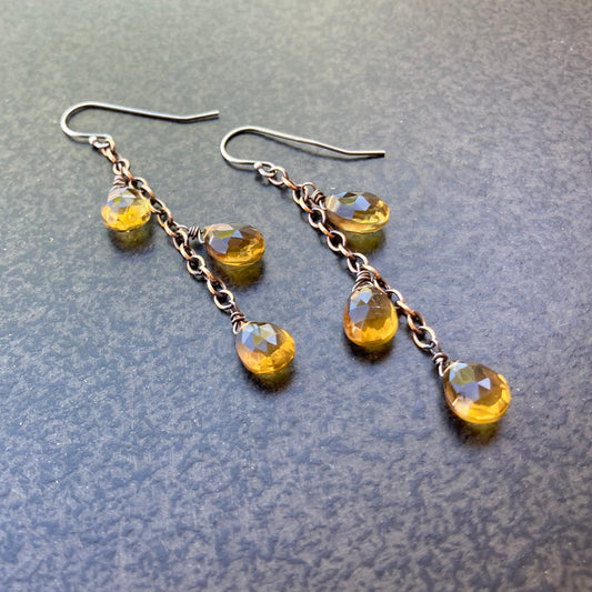 Beer Quartz, Bronze & Sterling Silver Cascade Earrings