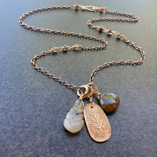 Andalusite, Dendritic Opal & Bronze Tree of Life Charm Necklace