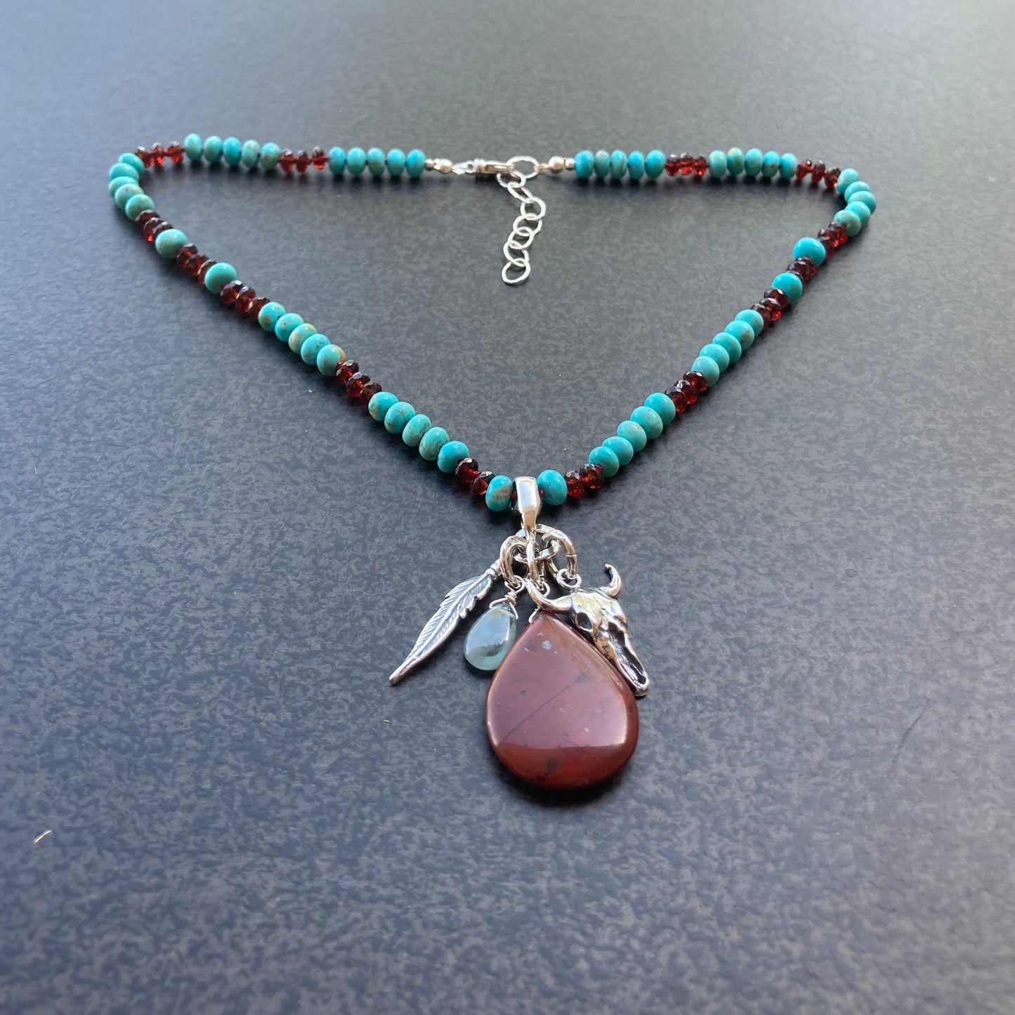Kingman Turquoise, Mozambique Garnet & Sterling Silver Hand Knotted Silk Charm Choker