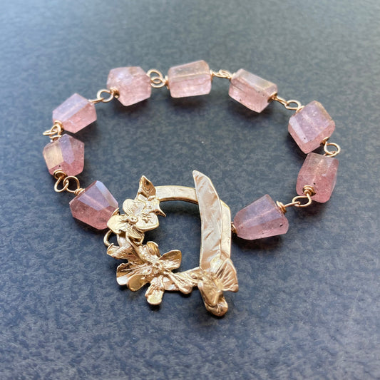 Strawberry Quartz & Bronze Botanical Butterfly Bracelet