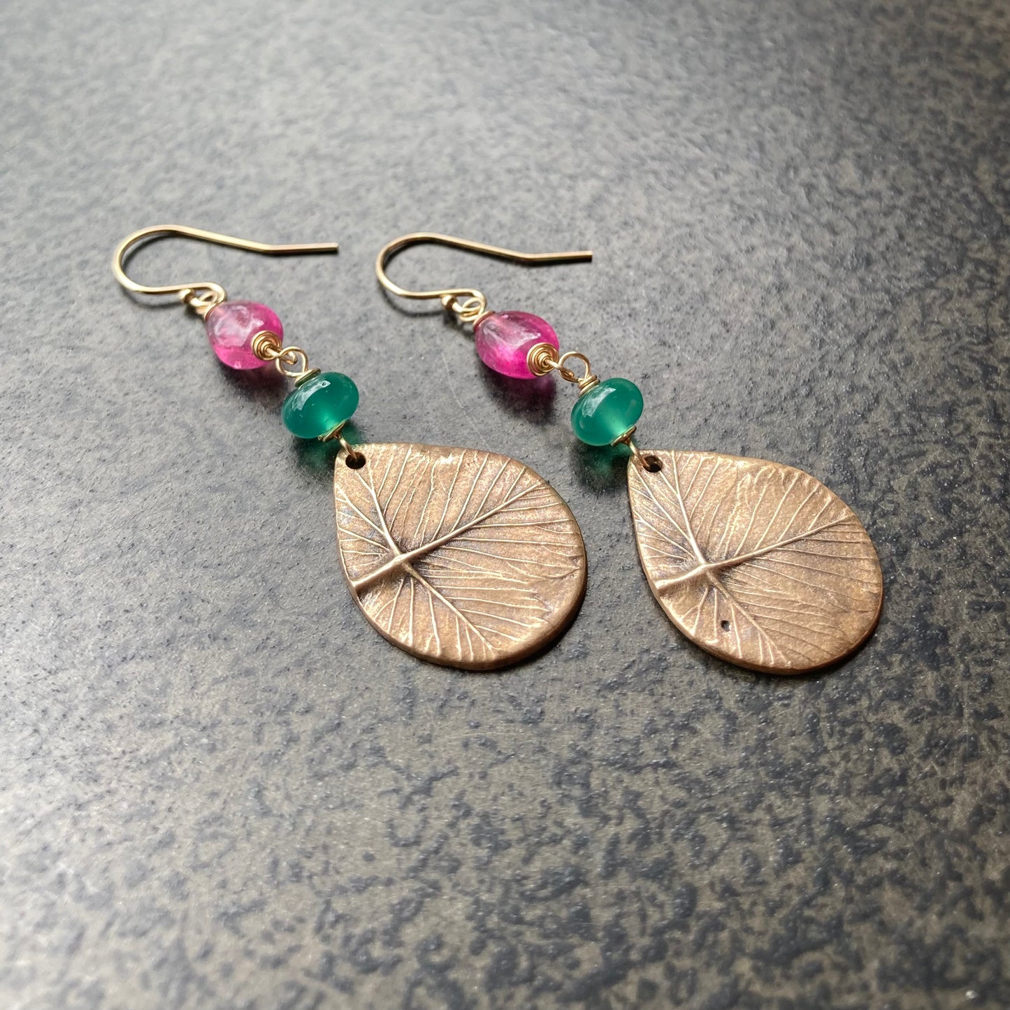 Pink Sapphire, Green Onyx, 14k Gold & Bronze Strawberry Leaf Earrings