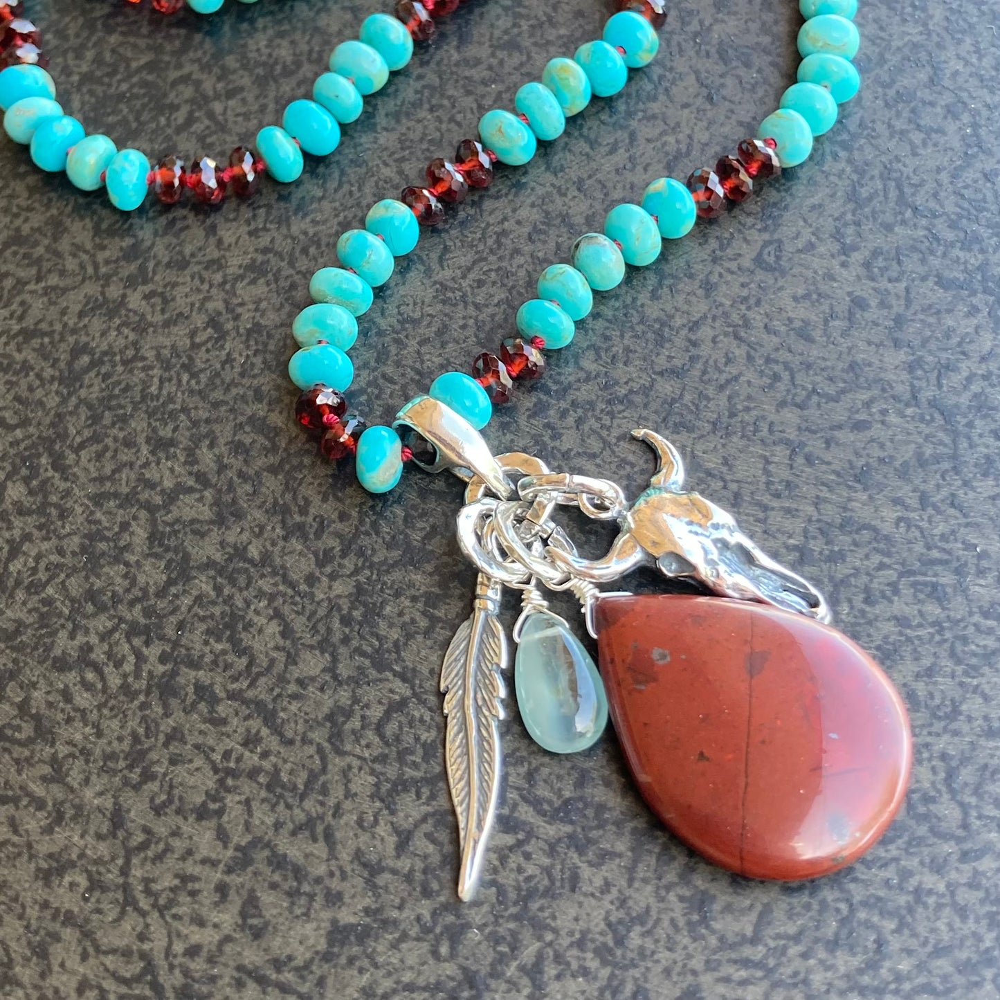 Kingman Turquoise, Mozambique Garnet & Sterling Silver Hand Knotted Silk Charm Choker