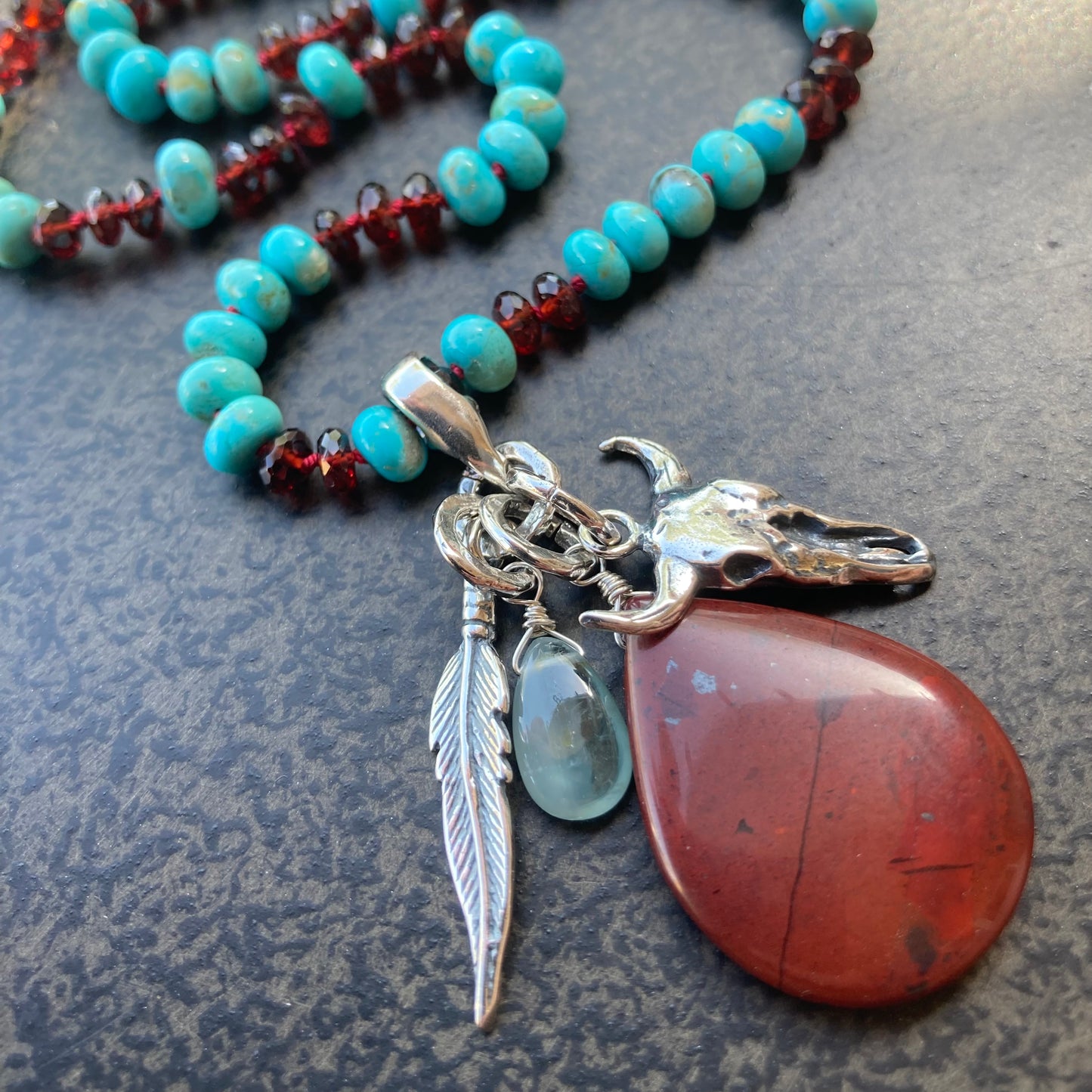 Kingman Turquoise, Mozambique Garnet & Sterling Silver Hand Knotted Silk Charm Choker