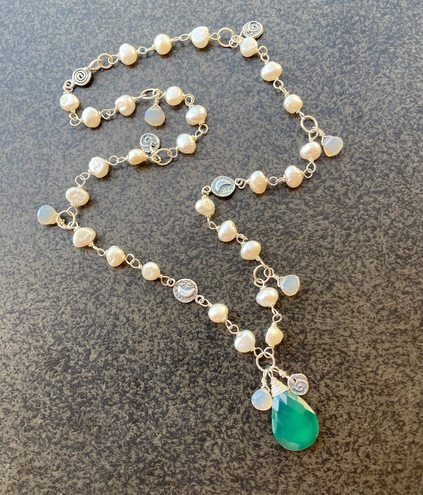 Green Onyx, Freshwater Pearl & Sterling Silver Charm Necklace