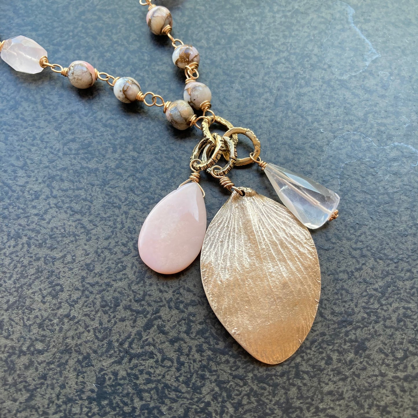 Peruvian Pink Opal, Rose Quartz & Bronze Petal Charm Necklace