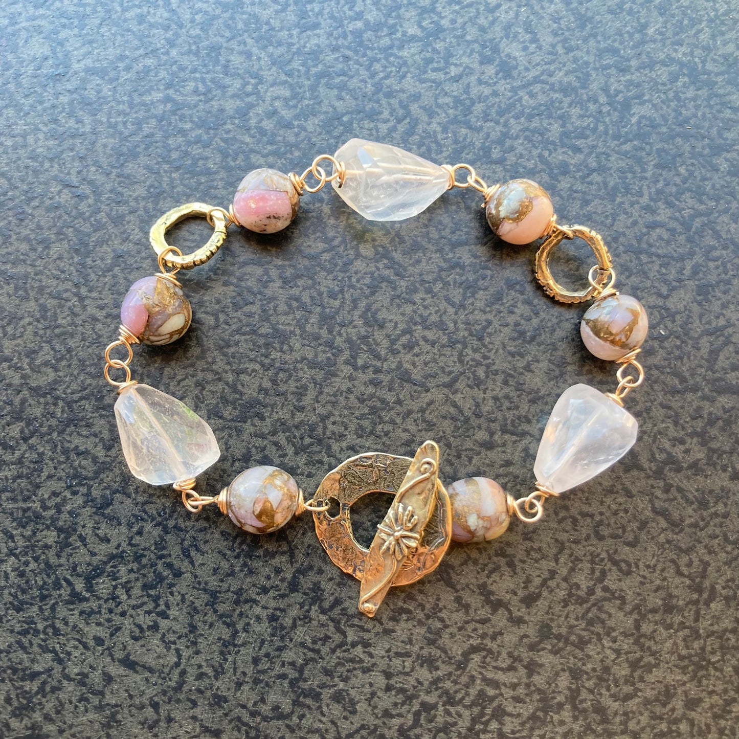Rose Quartz, Pink Opal & Bronze Bracelet