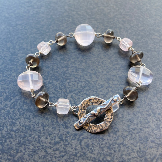 Rose Quartz, Smoky Quartz & Sterling Silver Bracelet