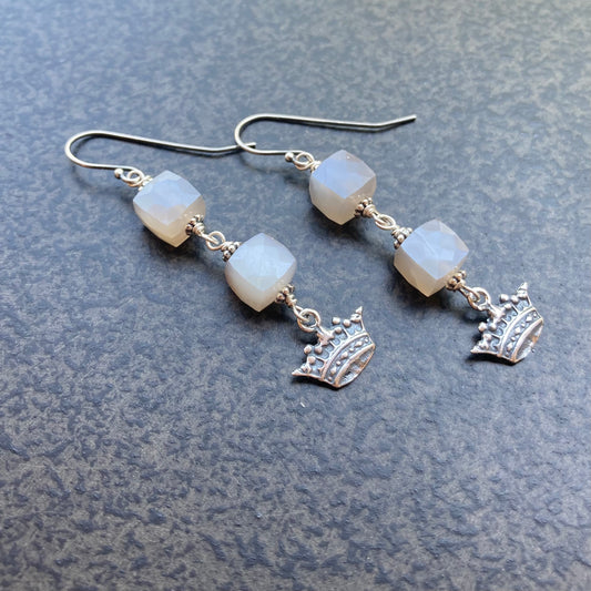 Gray Moonstone & Sterling Silver Crown Earrings