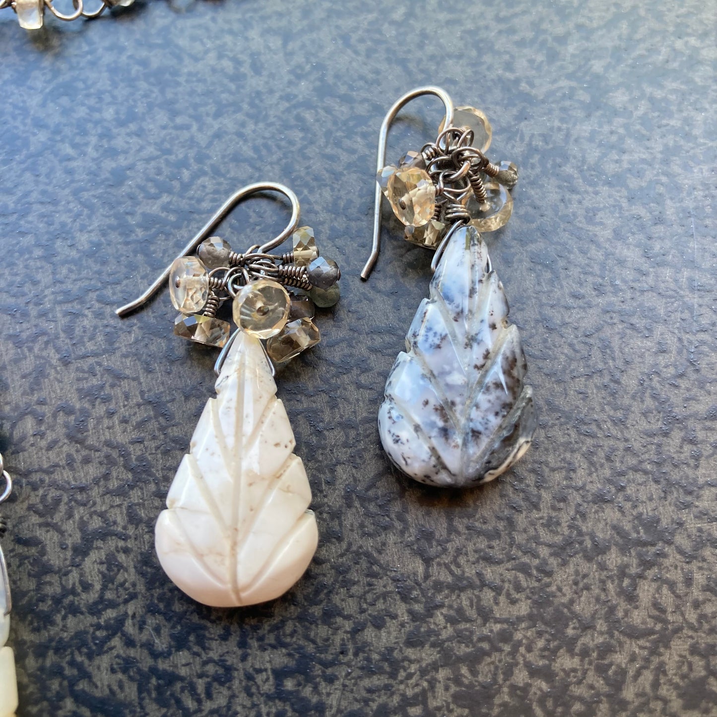 Dendritic Opal, Champagne Quartz, Sillimanite & Sterling Silver Cluster Earrings