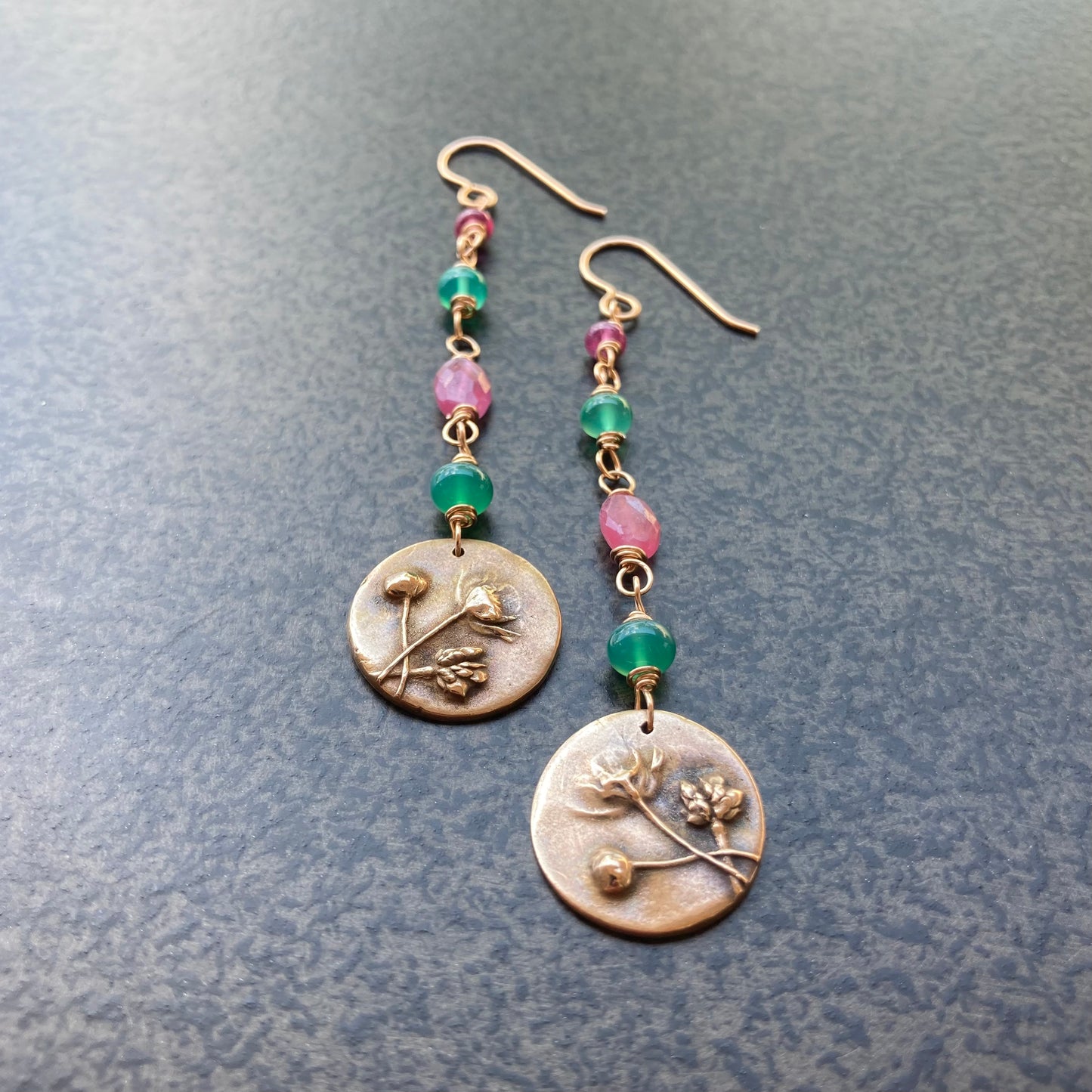 Pink Sapphire, Green Onyx & Bronze Peony Earrings