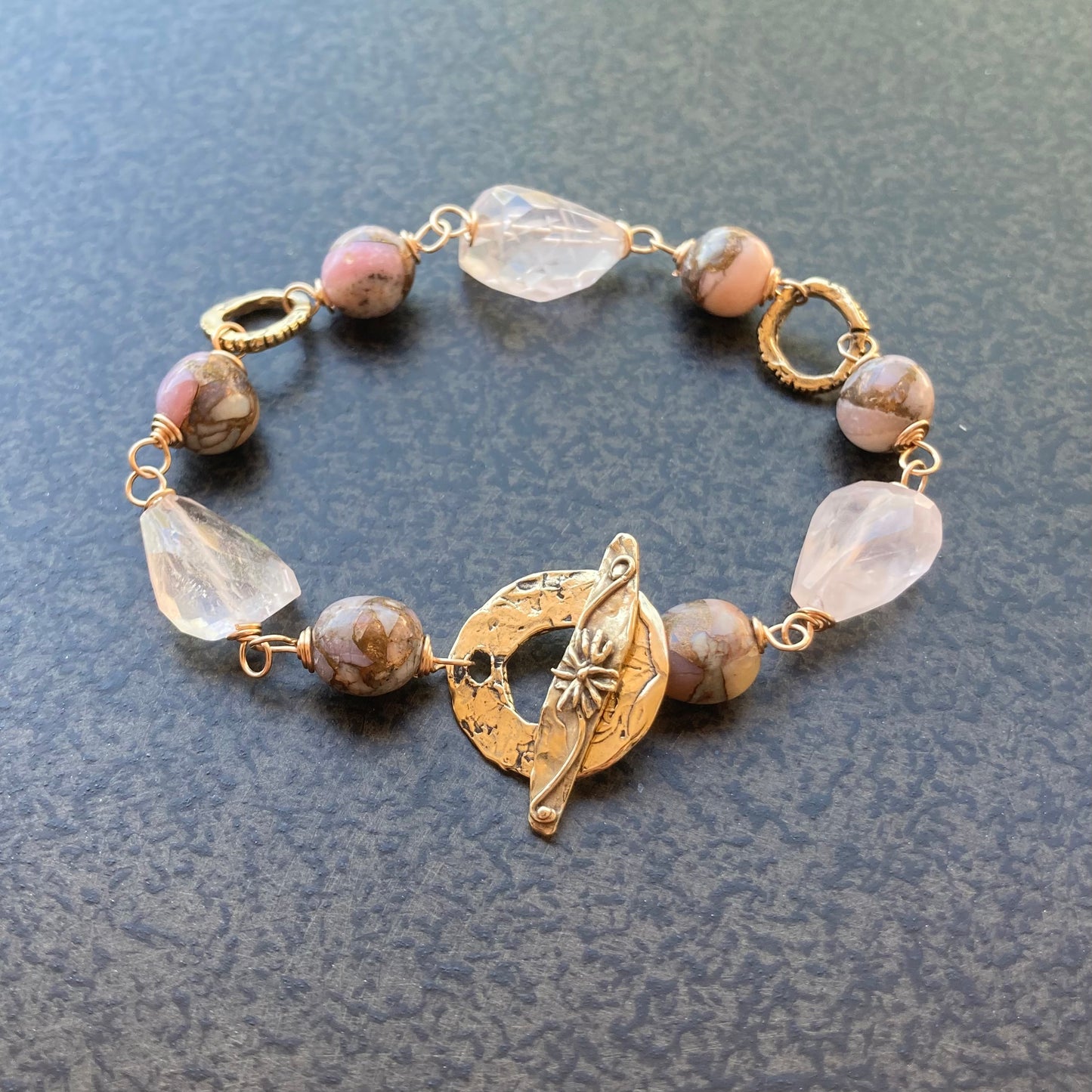 Rose Quartz, Pink Opal & Bronze Bracelet