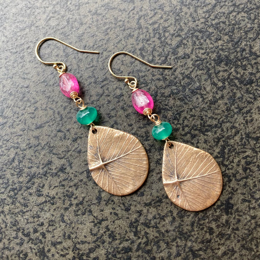 Pink Sapphire, Green Onyx, 14k Gold & Bronze Strawberry Leaf Earrings