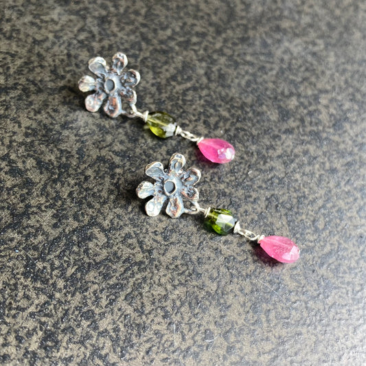 Watermelon Tourmaline & Sterling Silver Flower Drop Studs