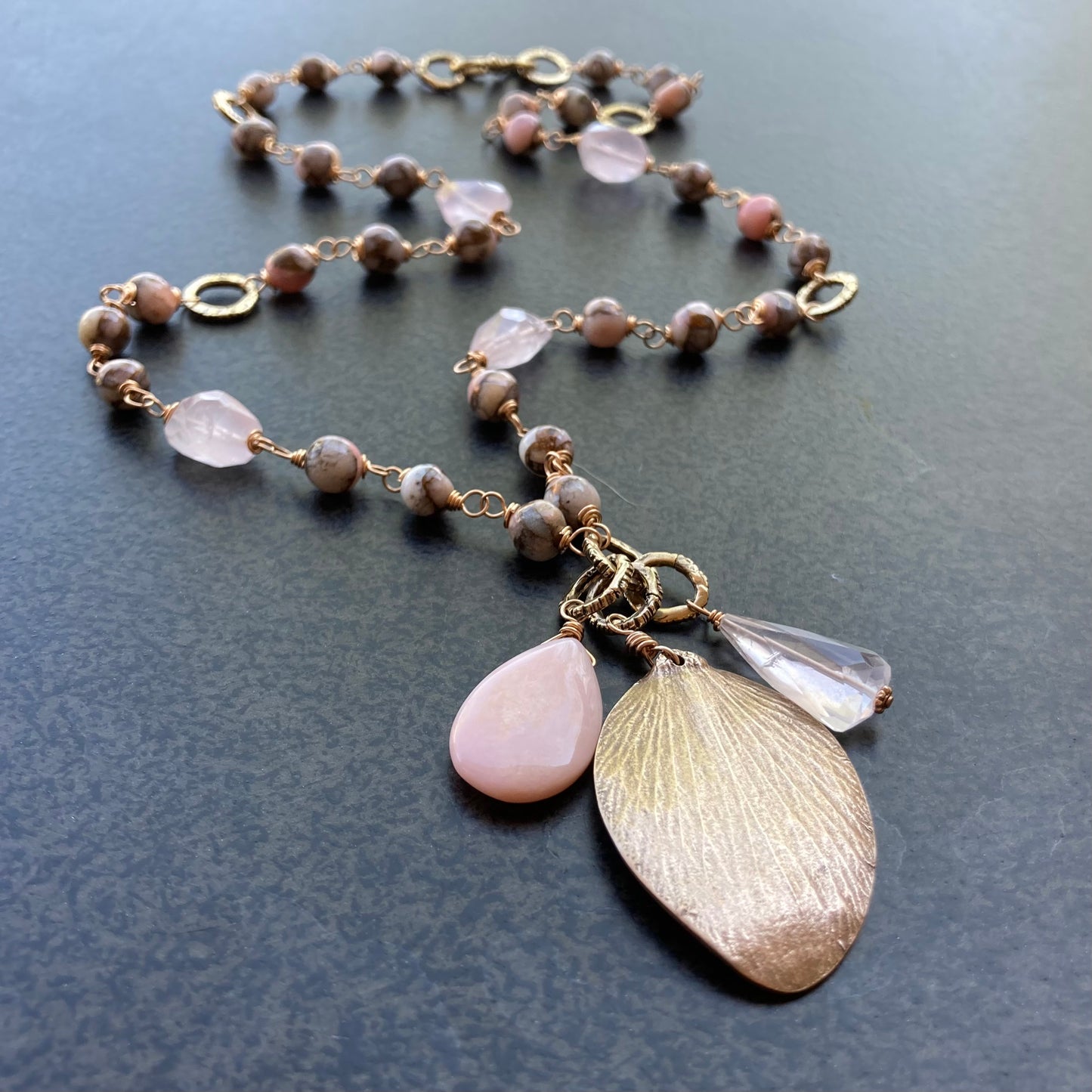 Peruvian Pink Opal, Rose Quartz & Bronze Petal Charm Necklace