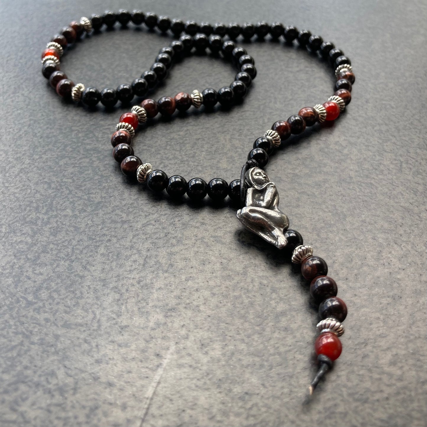Black Onyx, Red Tiger Eye, Carnelian & Pewter Jezebel Leather Necklace