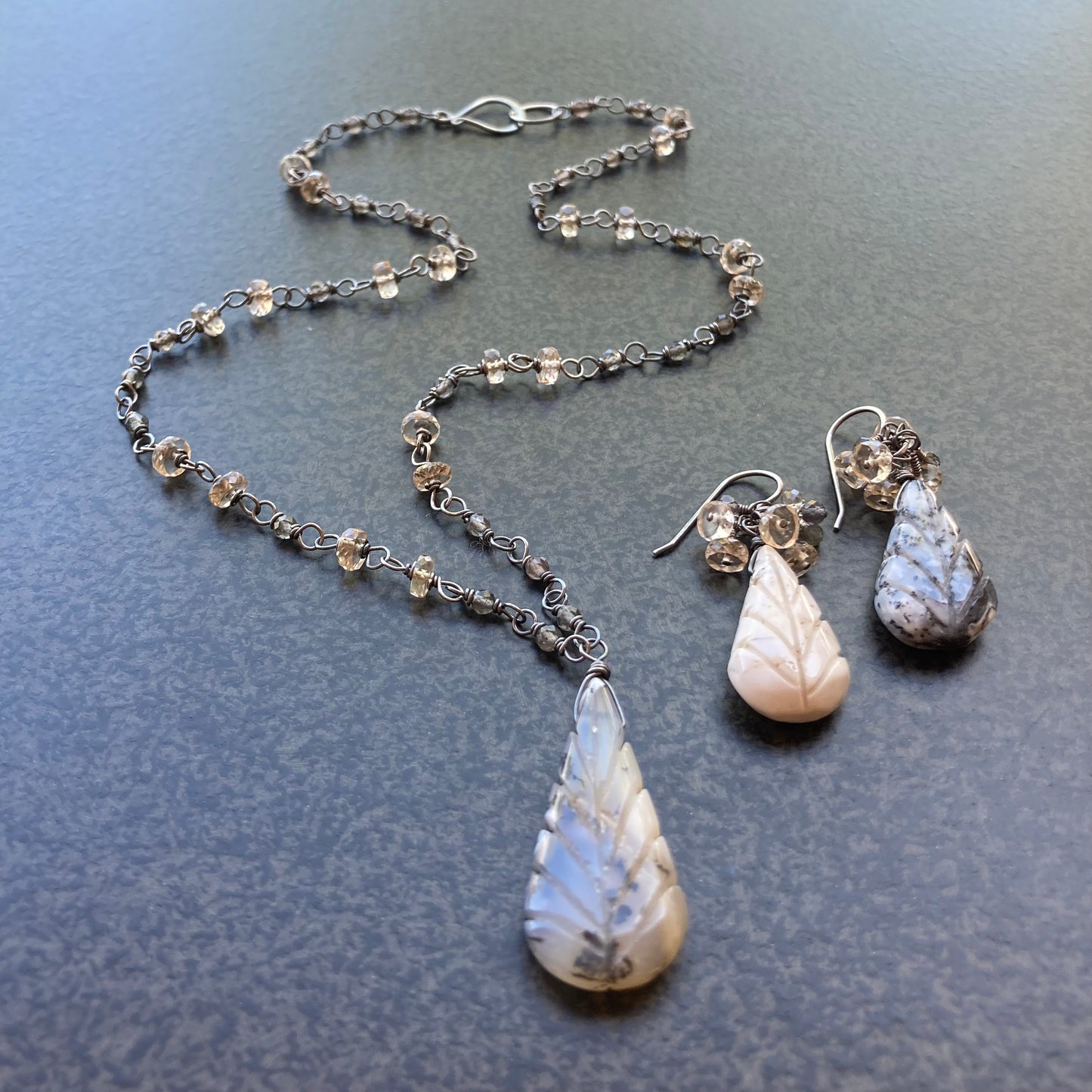 Dendritic Opal, Champagne Quartz, Sillimanite & Sterling Silver Cluster Earrings