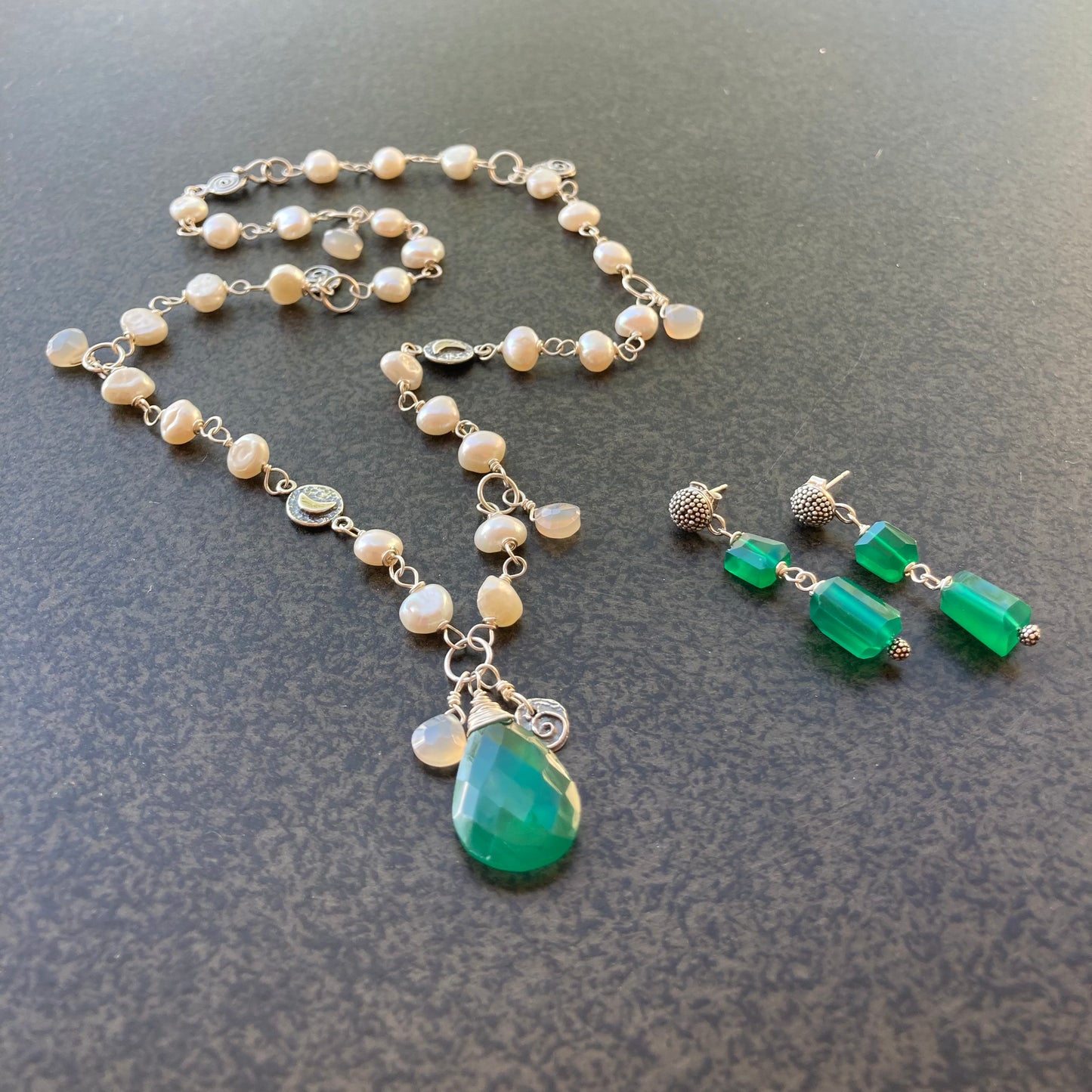 Green Onyx, Freshwater Pearl & Sterling Silver Charm Necklace