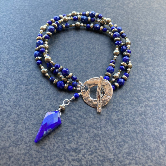 Lapis Lazuli, Pyrite & Sterling Silver Triple Strand Charm Bracelet