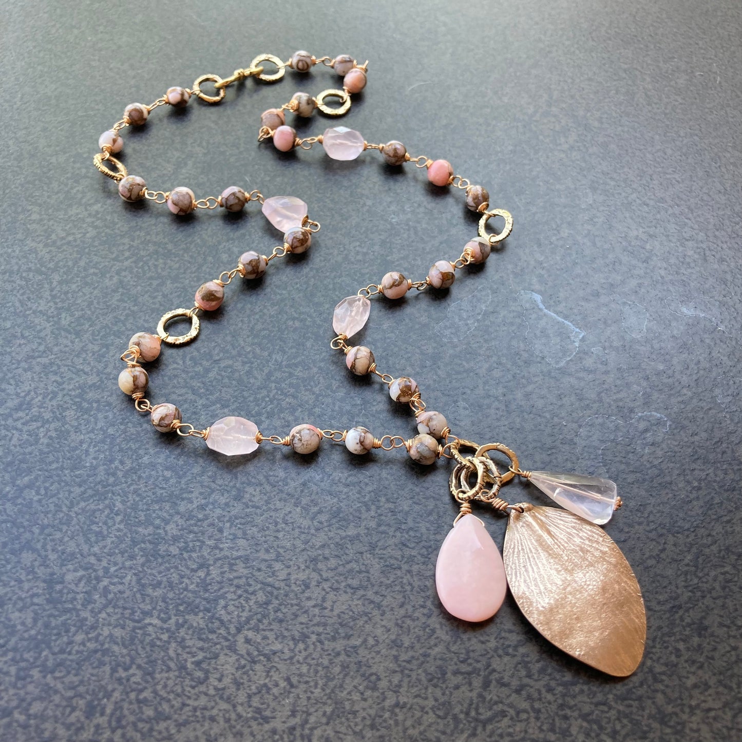 Peruvian Pink Opal, Rose Quartz & Bronze Petal Charm Necklace