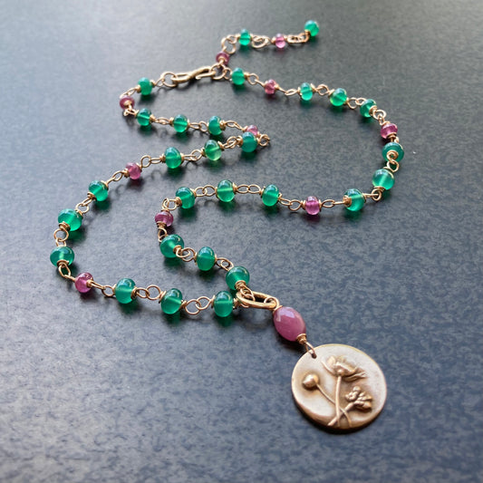 Pink Sapphire, Green Onyx & Bronze Peony Necklace