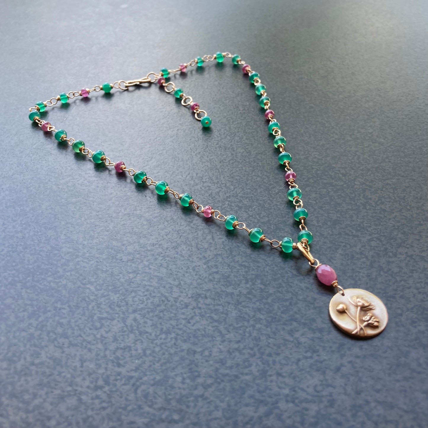 Pink Sapphire, Green Onyx & Bronze Peony Necklace