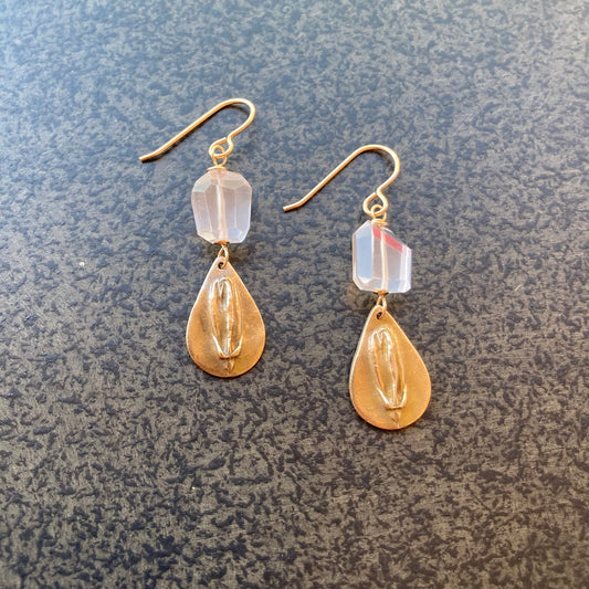 Rose Quartz & Bronze Botanical Teardrop Earrings