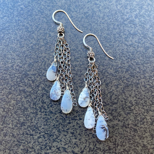 Dendritic Opal & Sterling Silver Tassel Earrings