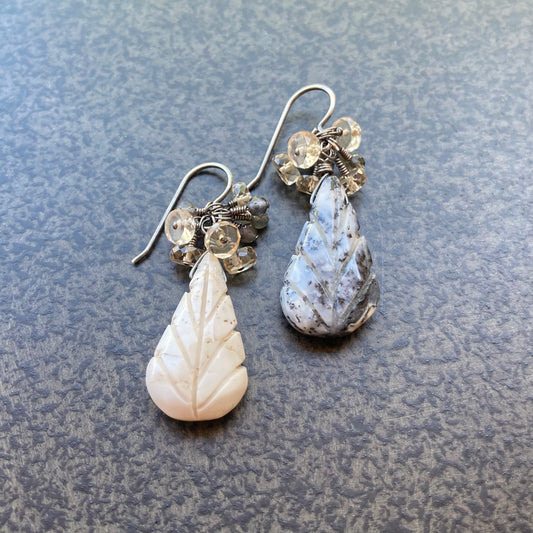 Dendritic Opal, Champagne Quartz, Sillimanite & Sterling Silver Cluster Earrings