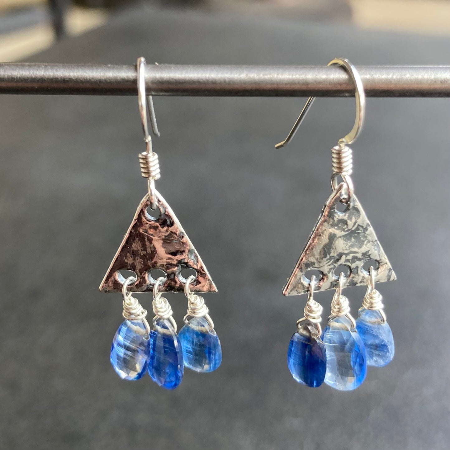 Blue Kyanite & Sterling Silver Triangle Fringe Earrings