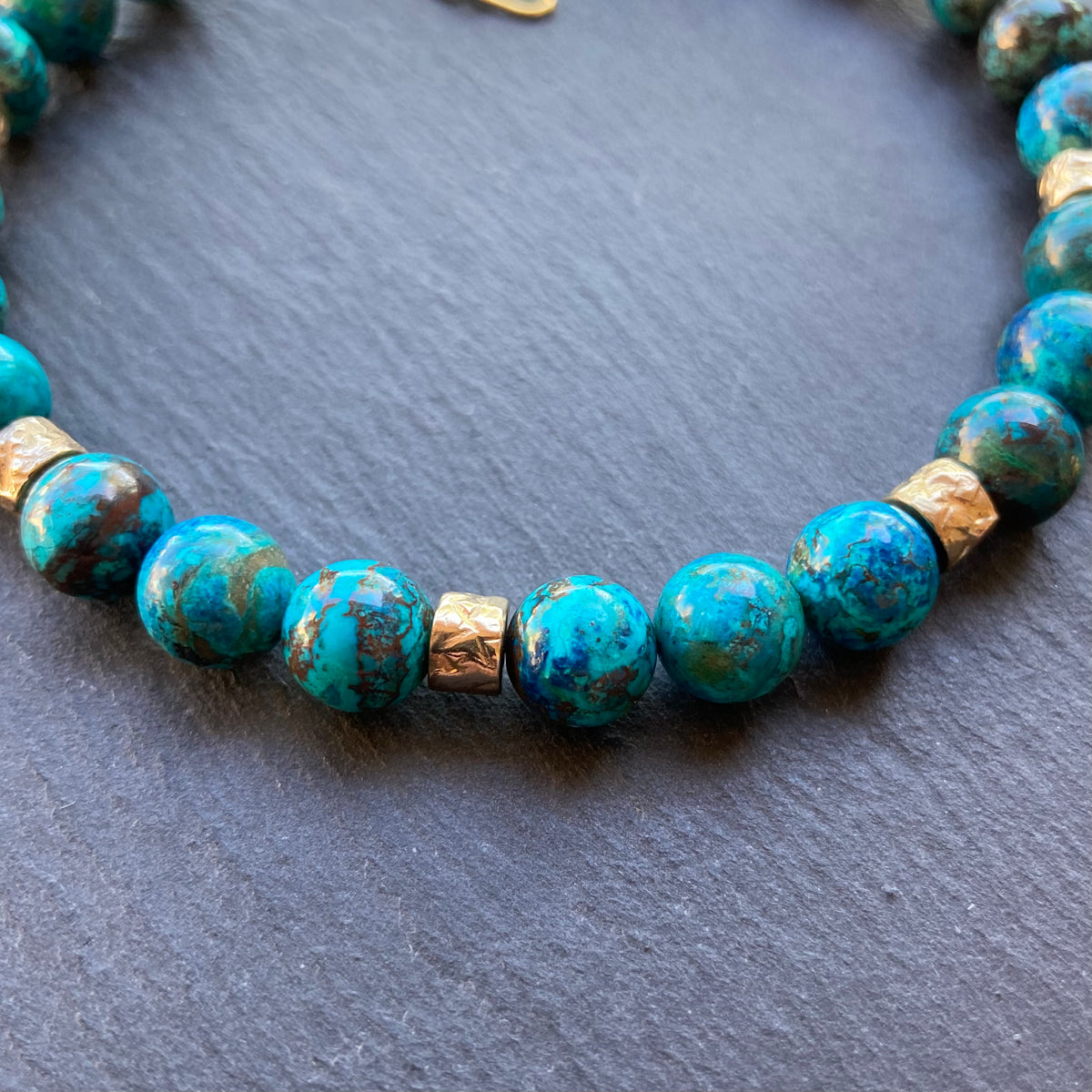 Men’s/Unisex Shattuckite, Bronze & Gold Bracelet