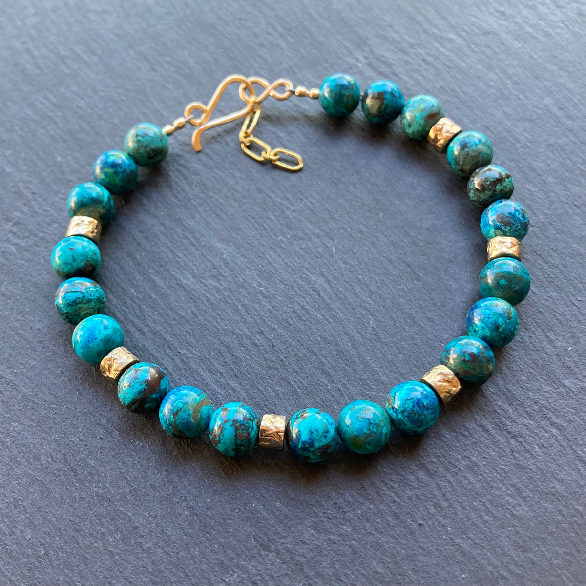 Men’s/Unisex Shattuckite, Bronze & Gold Bracelet